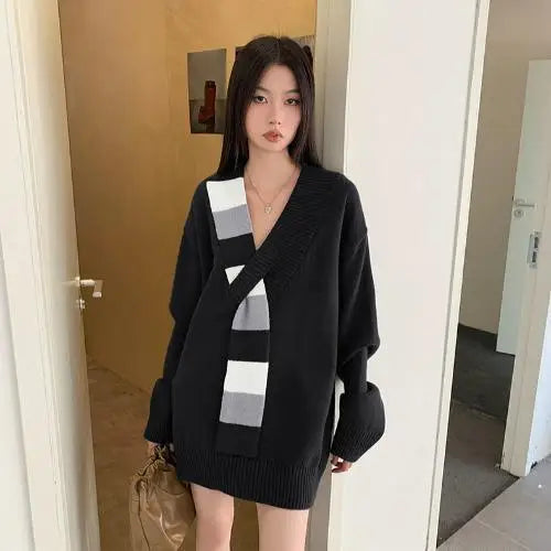 Retro Patchwork Sweater Women Clothes Long Sleeve Warm Knitted Tops Autumn Winter Pullovers Ladies Jumpers Chic