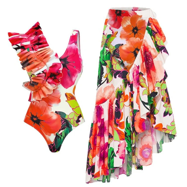 BORIKEN SWIMSUIT SKIRT SHOULDER STRAPPY FLORAL PRINT SWIMWEAR