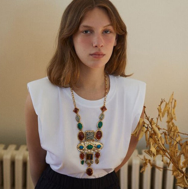 European Style ZA same Baroque style geometric gemstone long necklace retro court style sweater chain