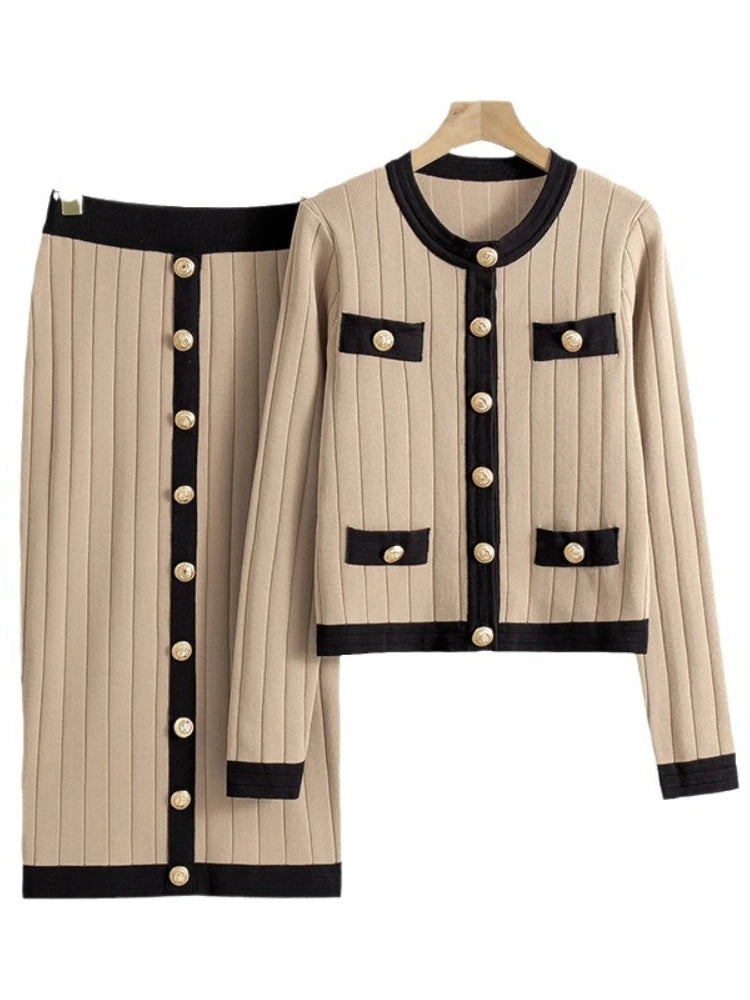 Elegant Temperament Womens Two Piece Set Autumn Winter French Knitted Cardigan Jacket Black Half Skirt Sets Office Commuting Kit