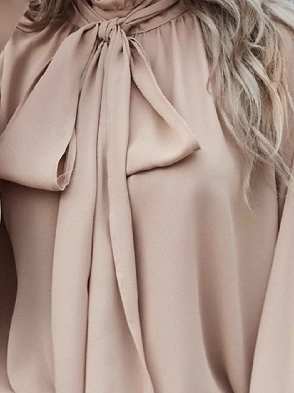 Badge of Pearls Tie Neck Lantern Sleeve Blouse