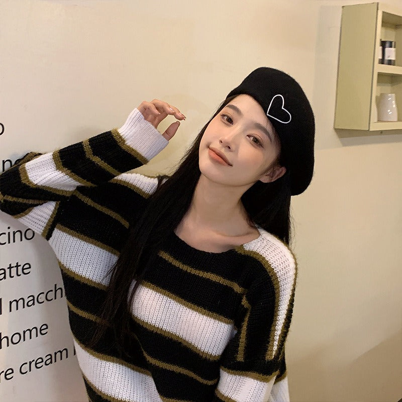 Poetic Wool Beret Hat For Women Heart-shaped Embroidery Painter Hat Retro Casual Octagonal Hat Bonnet Enfant