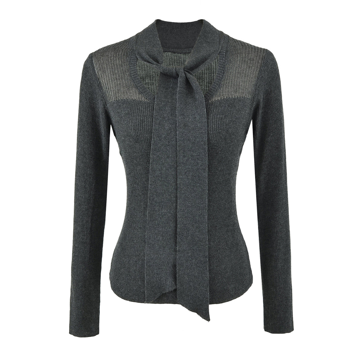 Women's Tie-Neck Semi-Sheer Slim Fit Wool Blend Knit Top Long Sleeve Layering Sweater