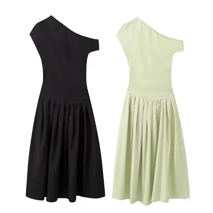 Autumn Women Elegant Dress Casual Diagonal Collar Slim A-line Robe Female Fashion Chic High Waist Vent Patchwork Dresses Lady