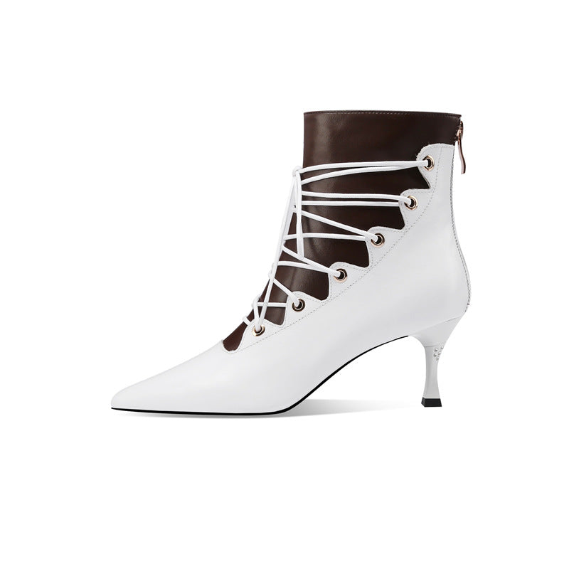 British Style Thin Heel Strap Martin Boots Women's Winter Pointed High Heel Plush Short Boots Fashion Color Matching Single Boots