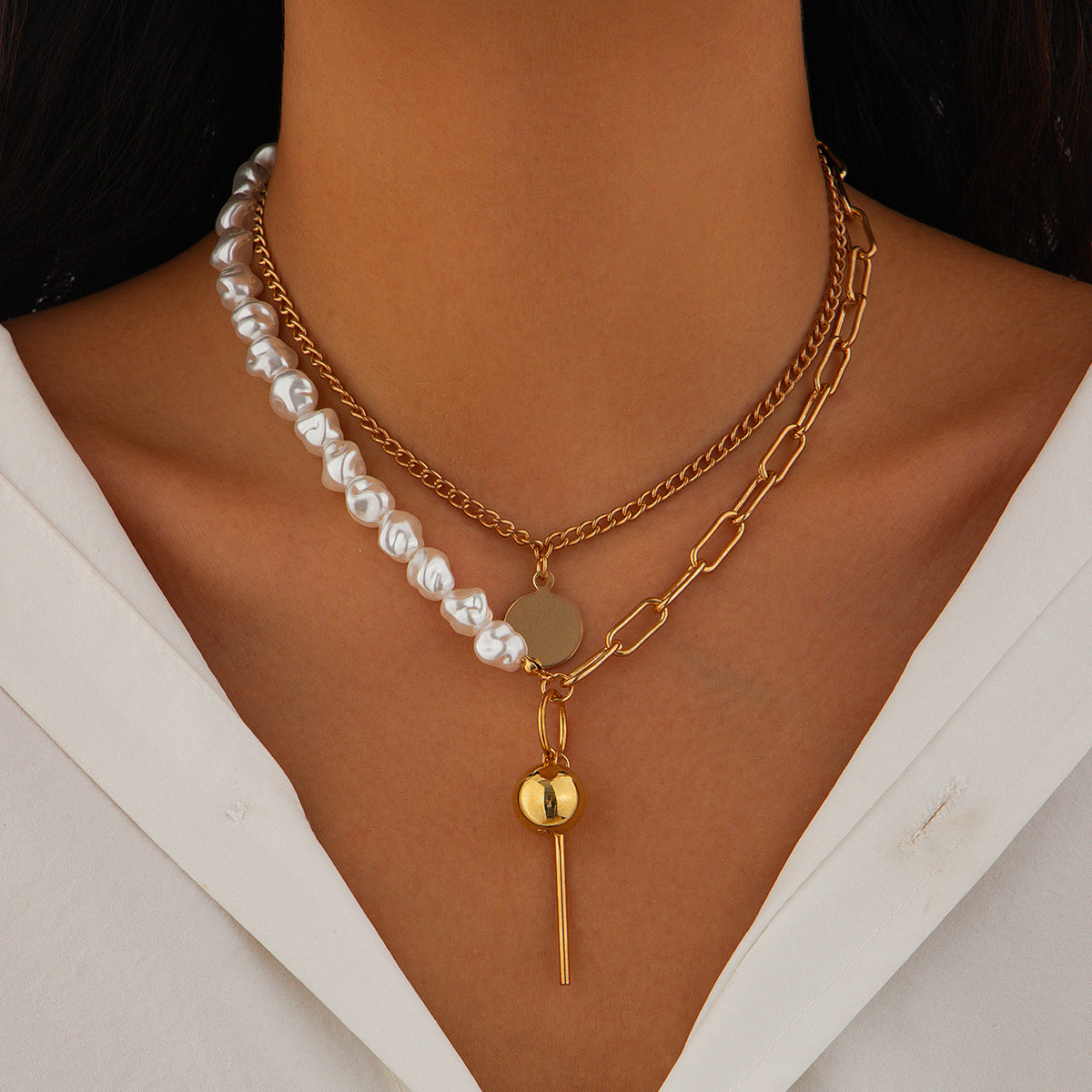 Personalized and minimalist starfish alloy pendant necklace, Baroque style multi-layer pearl collar