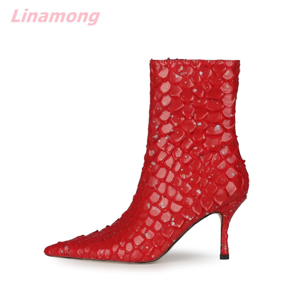 Autumn Brand Design Women Bling Boots Pointed Toe Thin High Heel Side Zipper Comfortable Sexy Retro Mid-Calf Office Party Shoes