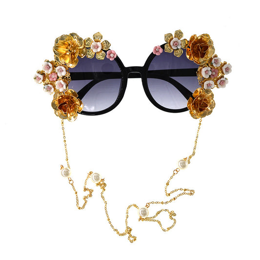 FLOETIC STANZAS sunglasses Baroque retro hollow carved black round frame sunglasses flower butterfly beach glasses