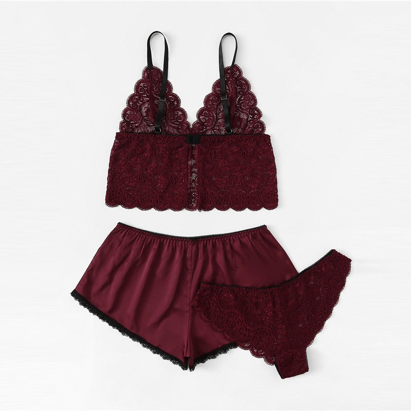 LA BELLA Army Green Sexy Floral Lace Cami Lingerie Set Burgundy Women Bra And Brief Sets Wireless Sexy Underwear Bra Set