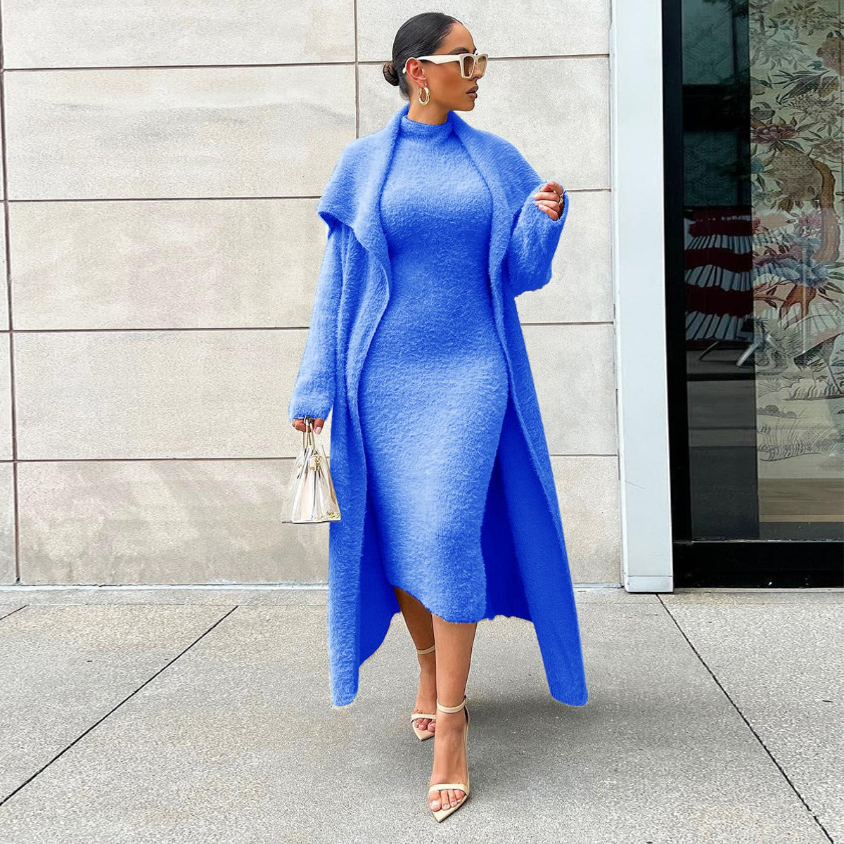 Women's autumn and winter new fashionable loose cardigan jacket double-sided velvet dress set for women