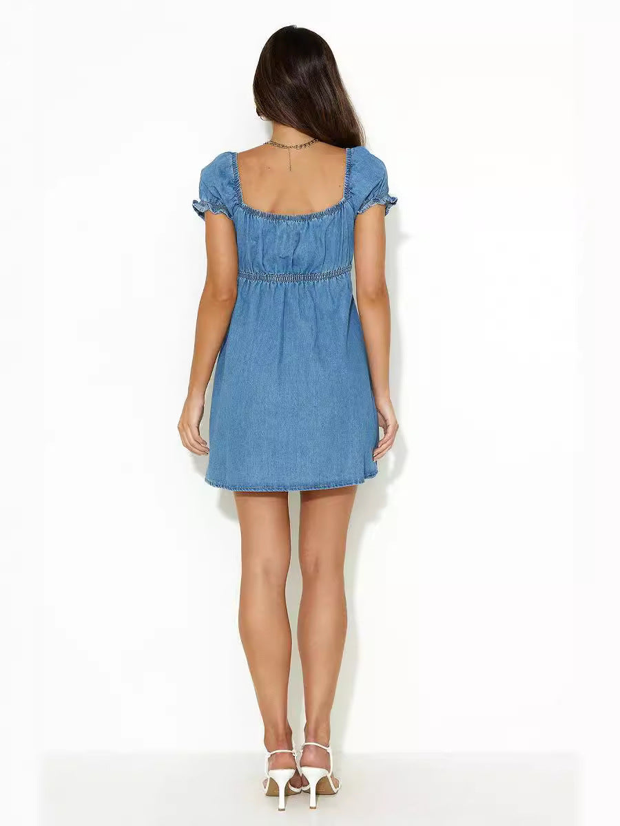 Tied Short Sleeve Mini Denim Dress