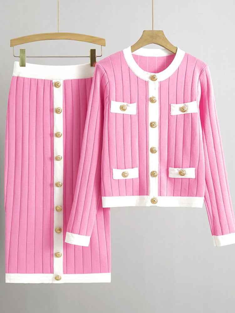 Elegant Temperament Womens Two Piece Set Autumn Winter French Knitted Cardigan Jacket Black Half Skirt Sets Office Commuting Kit