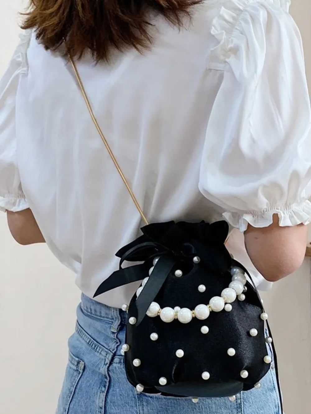Badge of Pearls Detailed Solid Color Bucket Bag