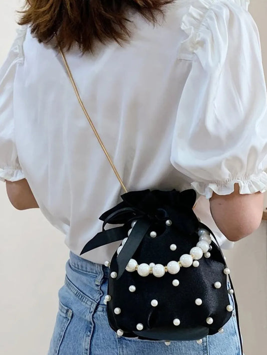 Badge of Pearls Detailed Solid Color Bucket Bag