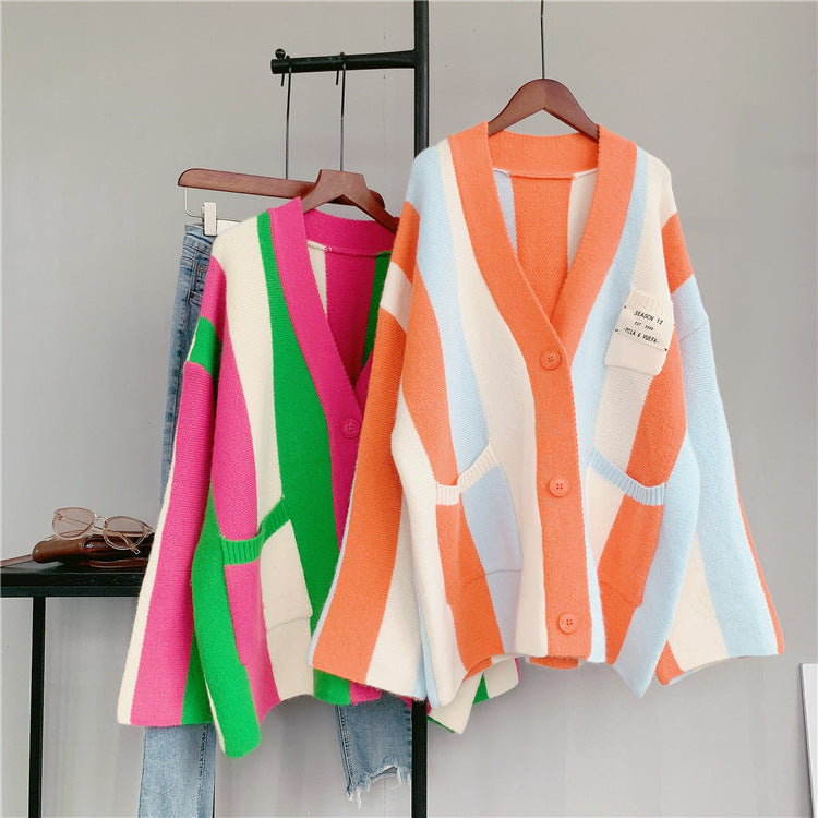 Autumn contrasting vertical striped sweater jacket for women, new loose and lazy knitted cardigan for women