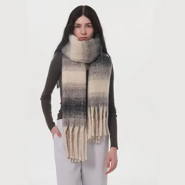 Gradient Color Block Cashmere Scarves Comfort Stripe Tassel Scarf Autumn Winter Keep Warm Simple Fashion Commuting Long Muffler