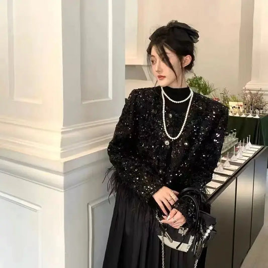 Designer Fashion High Quality Slingle Breasted Ostrich Feather Short  Jacket Coats Lady Chic Overwear