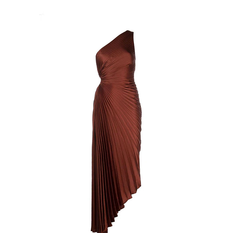 Summer/Autumn Women Dress Polyester Asymmetry One-Shoulder Brown Hole Ankle-Length Vintage High Waist