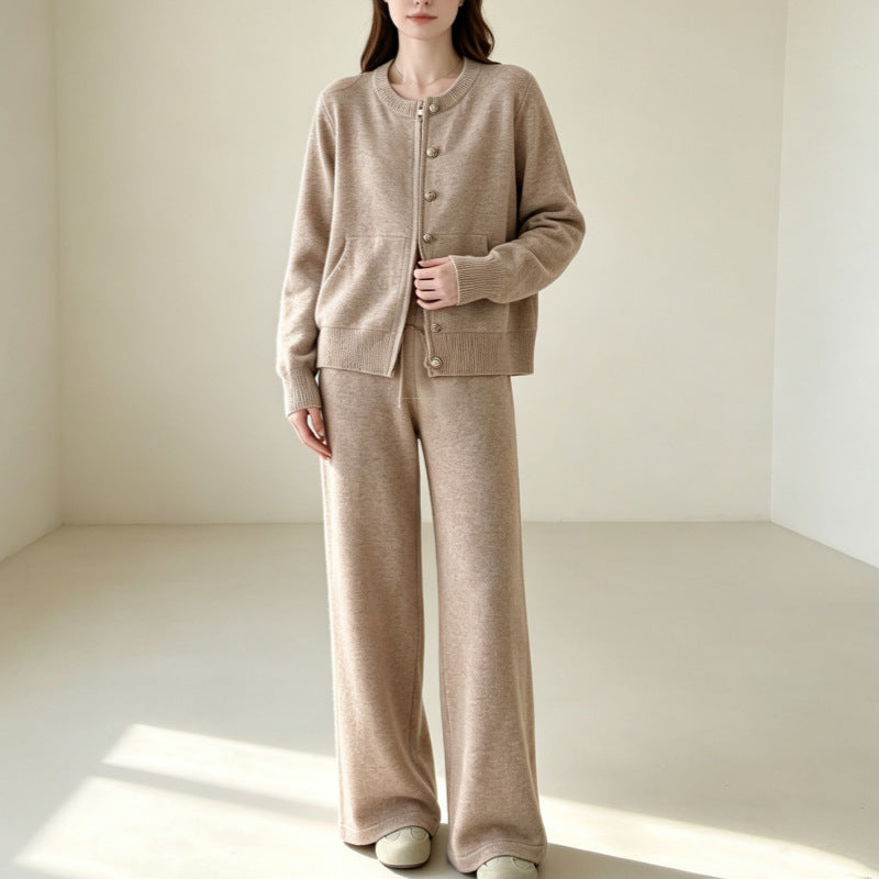 Zipper knit sweater wide leg straight leg pants solid color two-piece set