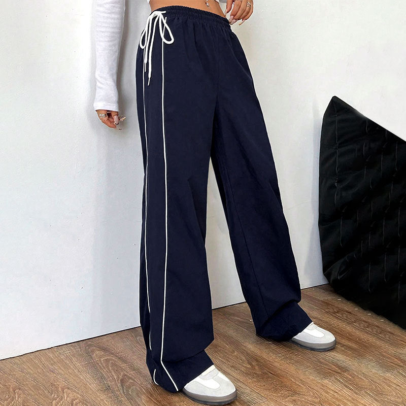 Side striped elastic waistband drawstring pants for women