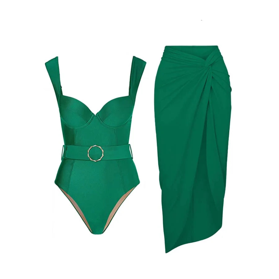Emerald Color Fashion One Piece Swimsuits Cover Up Women Luxury Swimwear Push Up Slim Bikini Elegant Bathing Suit Beachwear