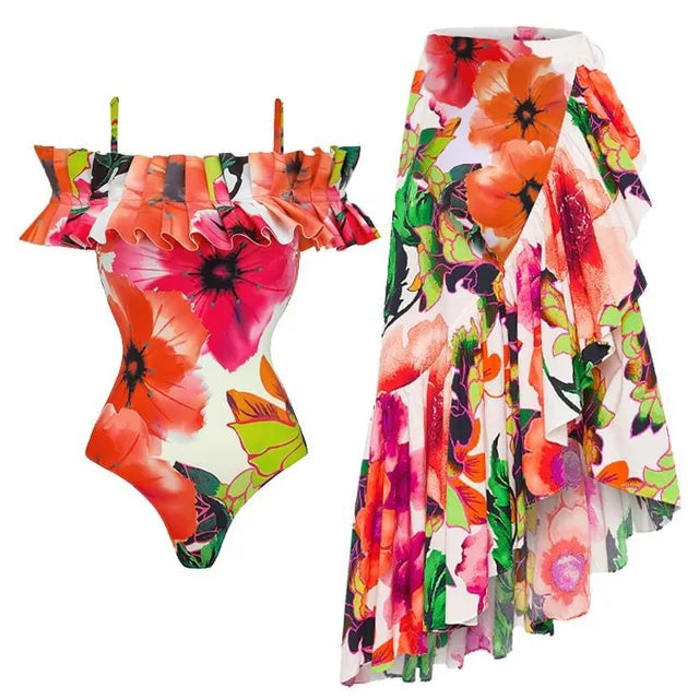 BORIKEN SWIMSUIT SKIRT SHOULDER STRAPPY FLORAL PRINT SWIMWEAR