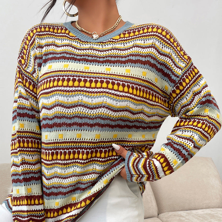 Autumn And Winter New Large Size Loose Long-Sleeved Striped Knitted Sweater Round Neck Sweater Women