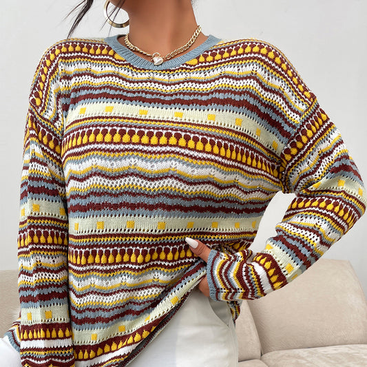 Autumn And Winter New Large Size Loose Long-Sleeved Striped Knitted Sweater Round Neck Sweater Women