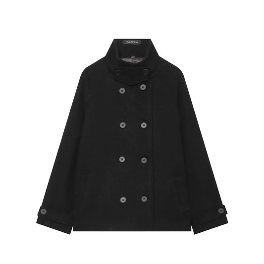 Stand collar loose woolen coat for women