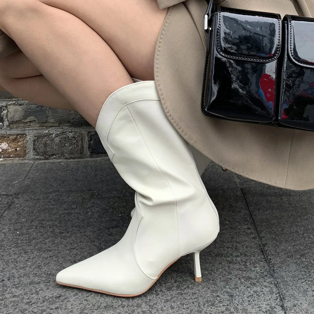 Women Mid-Calf Boots Pointed Toe Thin High Heels Mature Western Boots Autumn Winter Office Lady