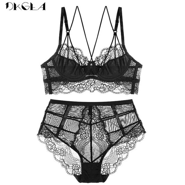 LA BELLA New High Waist Gray Bra Embroidery Lingerie Sets Fashion Brassiere Transparent Black Deep V Lace Underwear Women Bra Set