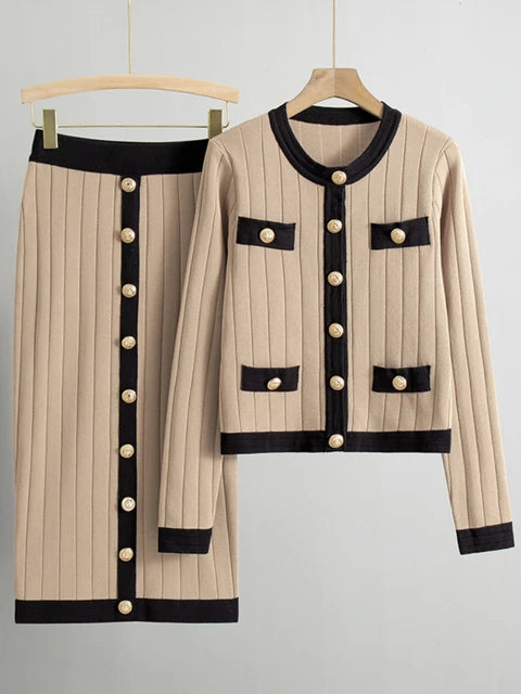 Elegant Temperament Womens Two Piece Set Autumn Winter French Knitted Cardigan Jacket Black Half Skirt Sets Office Commuting Kit