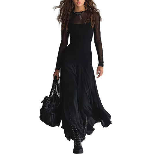 Elegant women's black see through mesh long sleeved dress