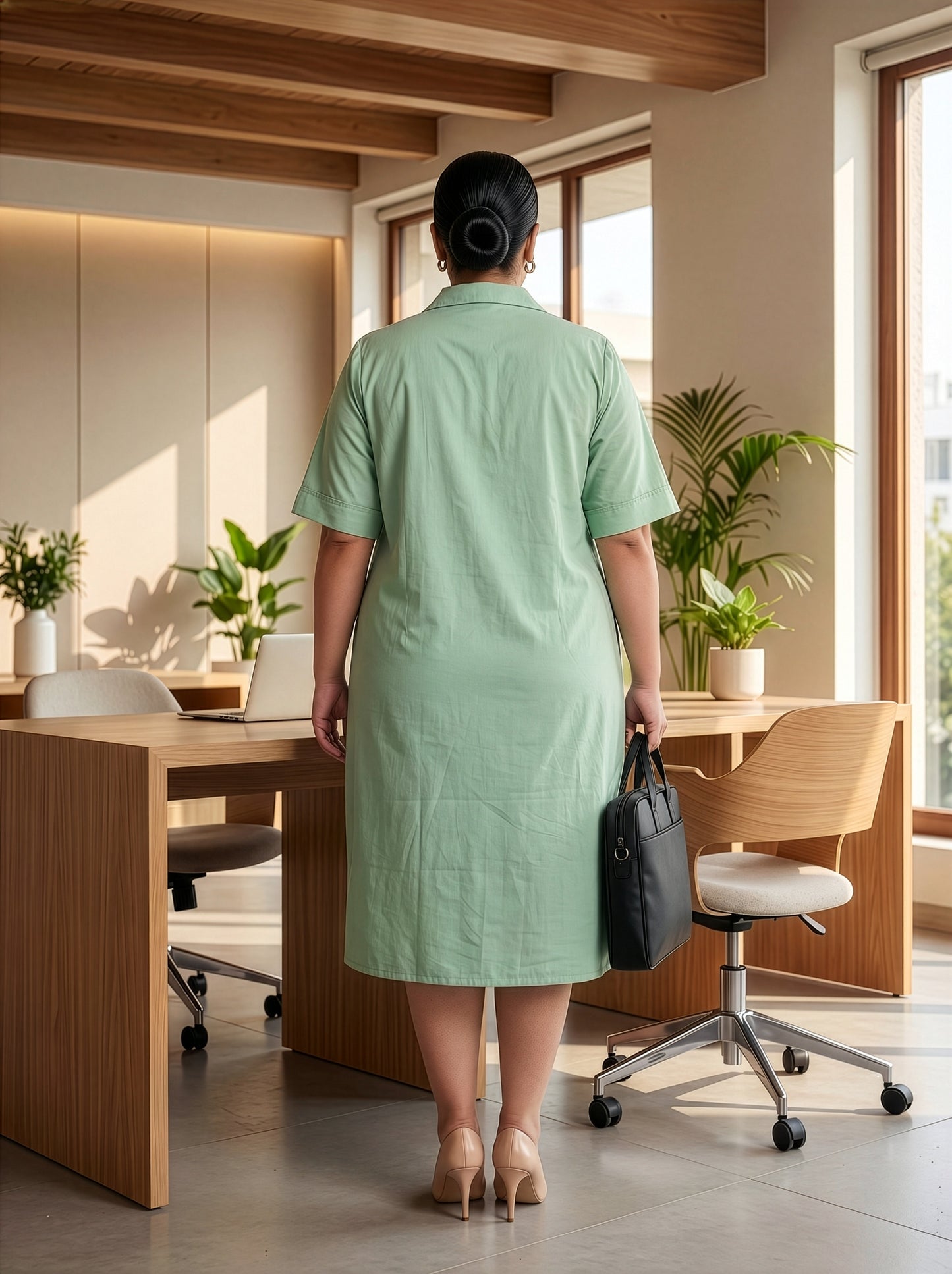 Plus Size Sage Green Cotton Linen Shirt Dress- Office Wear Midi Dress for Women