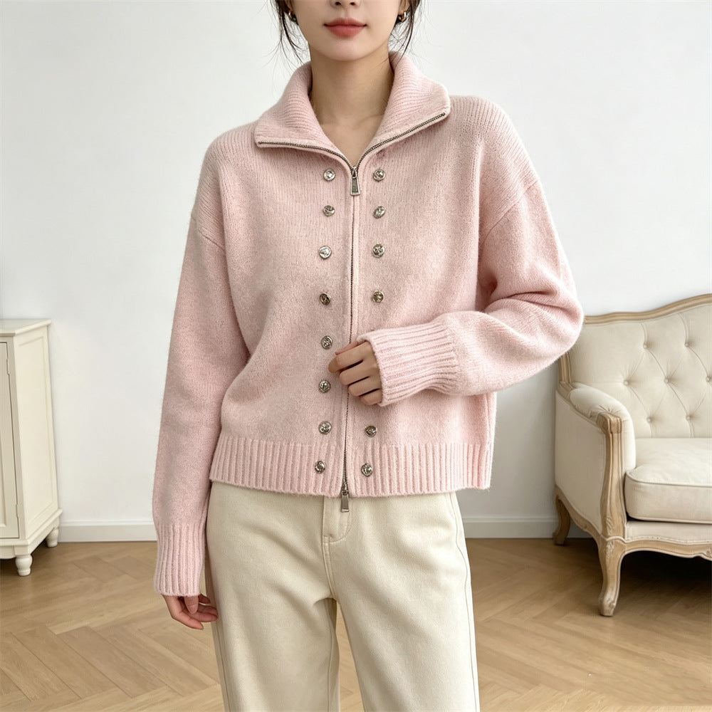 Double row decorative buckle solid color zipper sweater
