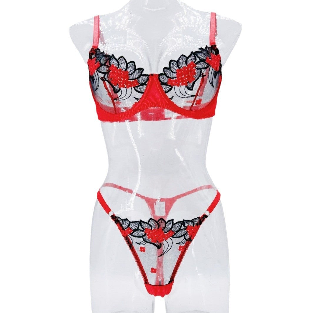 LA BELLA Underwear three-point sexy mesh embroidery perspective fun lingerie set women's T-pants temptation