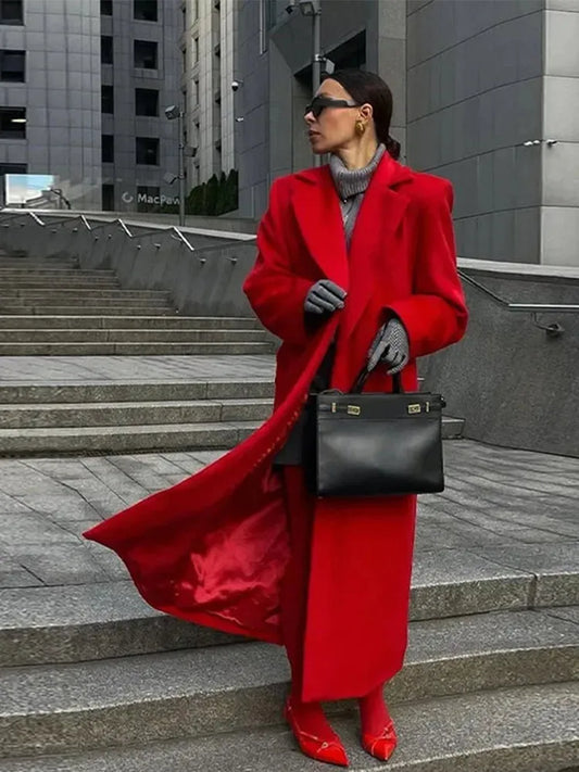 Red Long Wool Coat Lapel Elegant Single Breasted Woolen Coats Fashion Slim Fit Warm Pocket Overcoat Winter Women's Outwear Tops