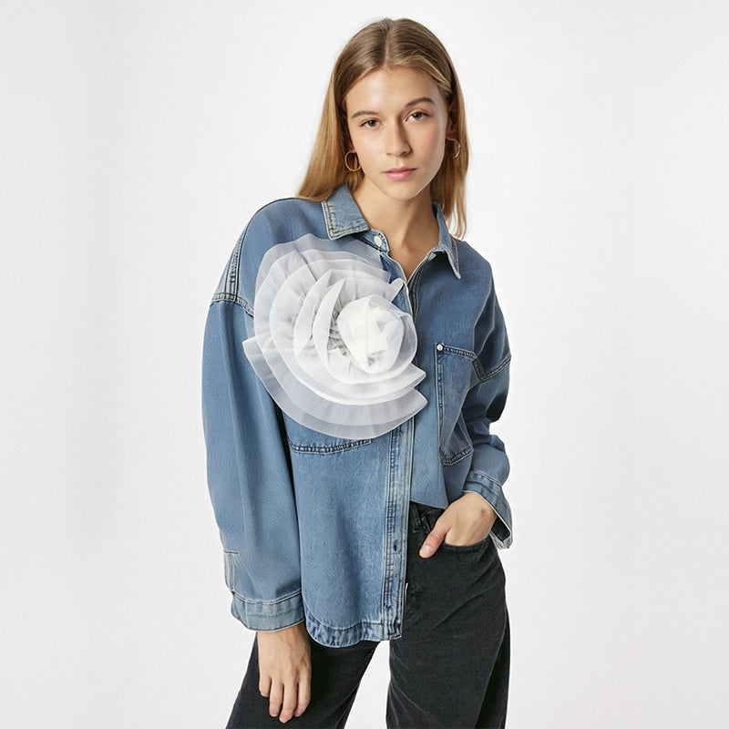 Pleated Flower Decoration Denim Shirt Top For Women  Autumn New Fashion Loose Versatile Casual Blouse Female