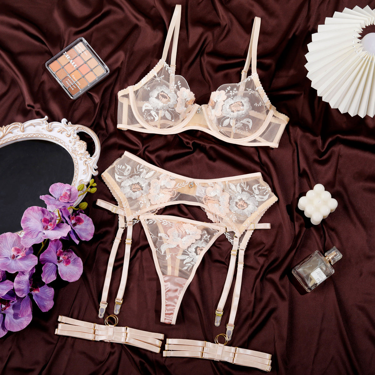 Sexy Floral Embroidery Tassel 4-Piece Lingerie Set