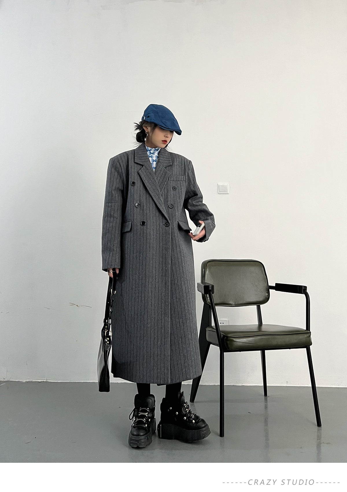Autumn Winter Long Loose Casual Stylish Striped Woolen Coat Women Double Breasted British Style Fashion Overcoat