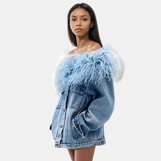 Women's Fashion Feather Patchwork Slash Neck Single Breasted Denim Coats Spring New Items Loose Jackets
