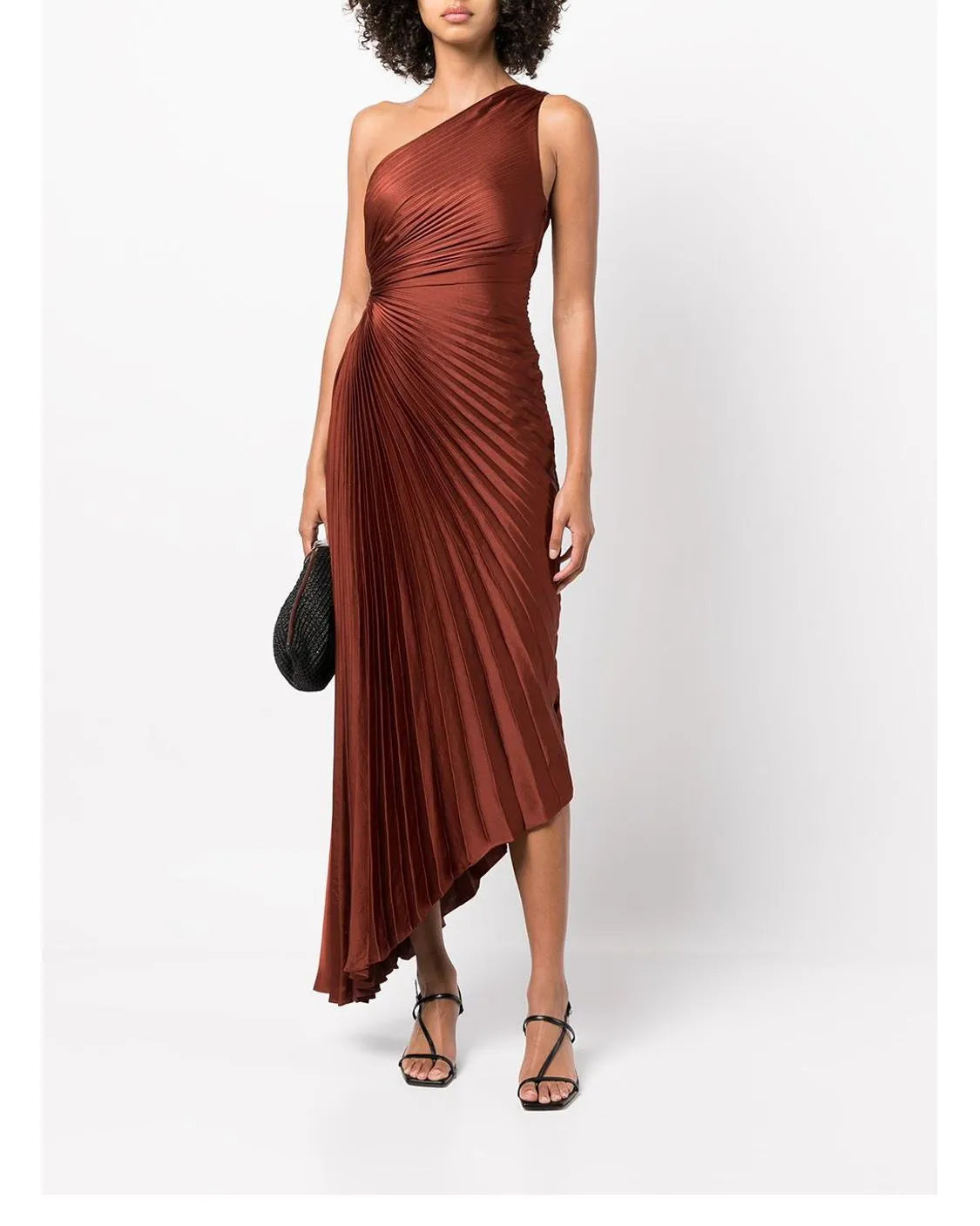 Summer/Autumn Women Dress Polyester Asymmetry One-Shoulder Brown Hole Ankle-Length Vintage High Waist