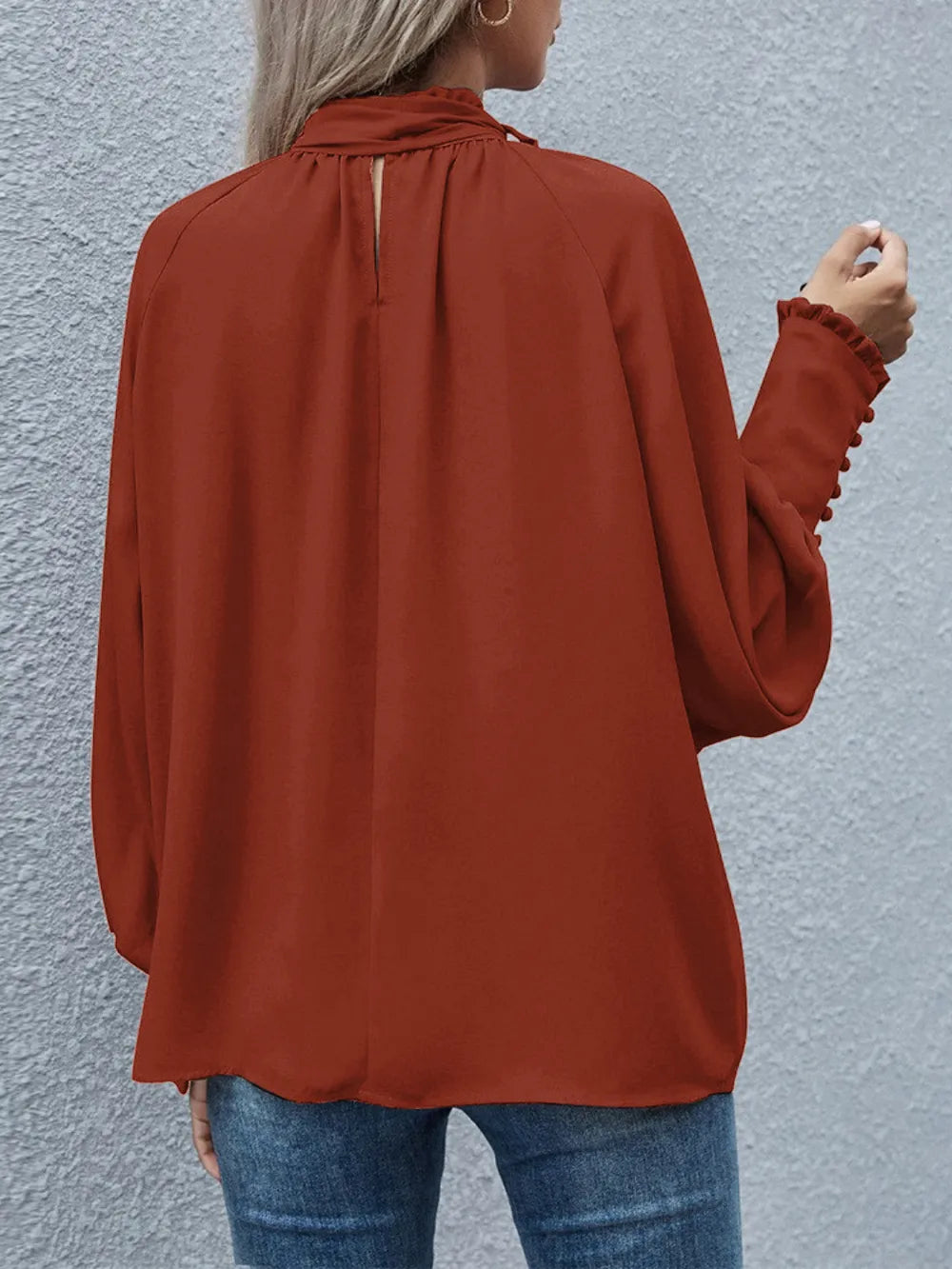 Badge of Pearls Tie Neck Lantern Sleeve Blouse