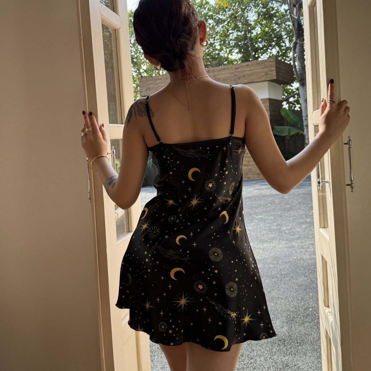 Elegant Star and Moon Pattern Strappy Satin-like Silk Sleep Dress for Women LightweightLoose Fit, Nightwear