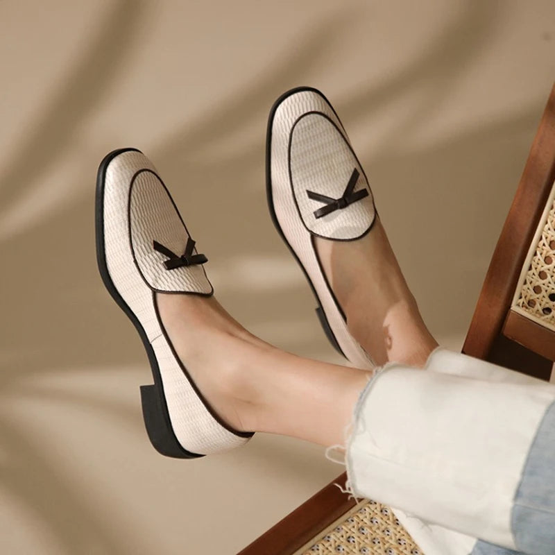 Autumn Women Loafers Genuine Leather Shoes for Women Round Toe Chunky Heel Shoes Casual Bow-knot Low Heel Women Pumps
