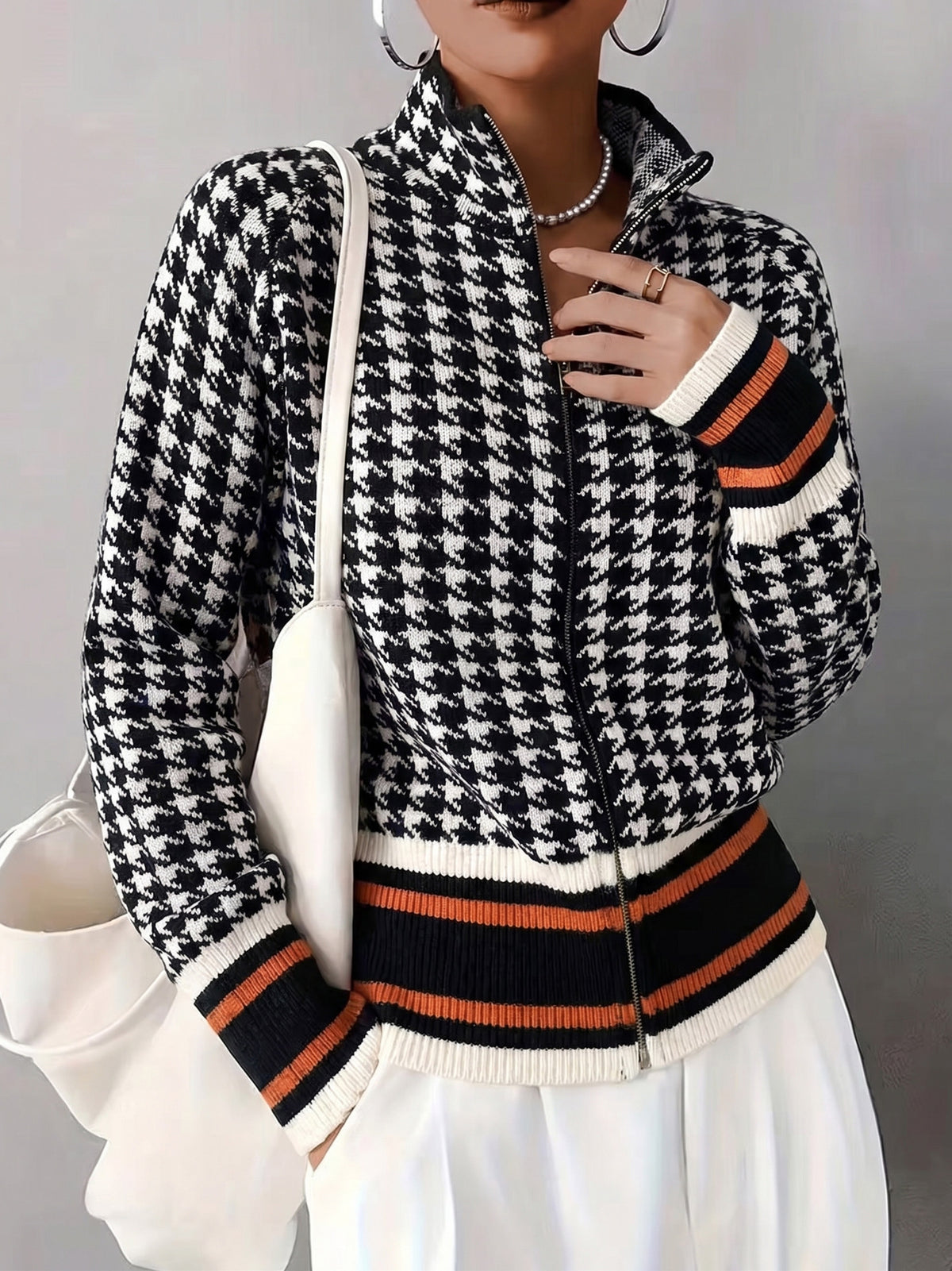 Stand up collar zipper knitted cardigan for women in autumn and winter