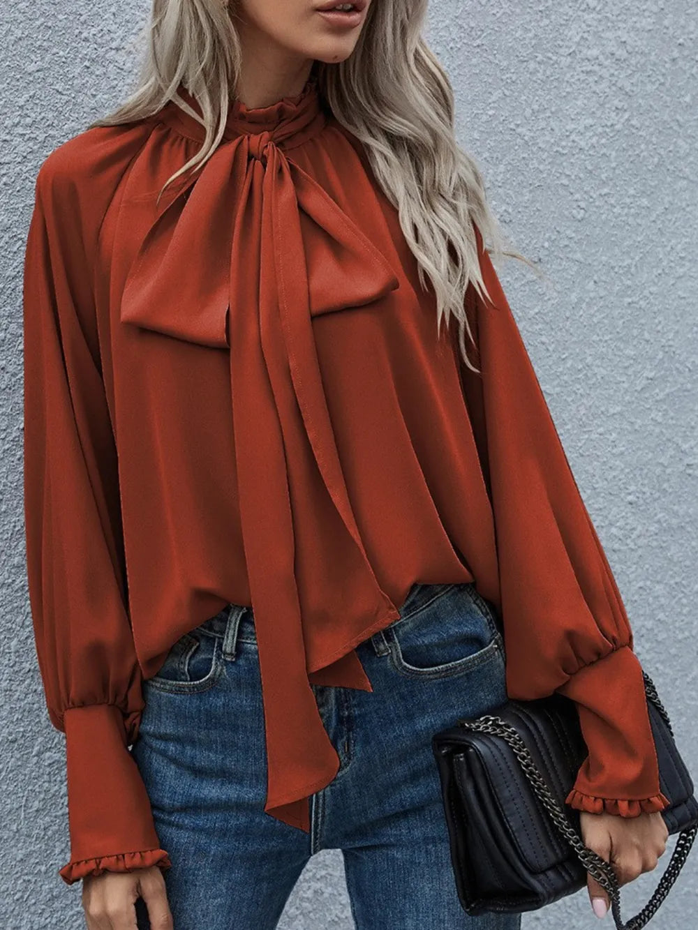 Badge of Pearls Tie Neck Lantern Sleeve Blouse