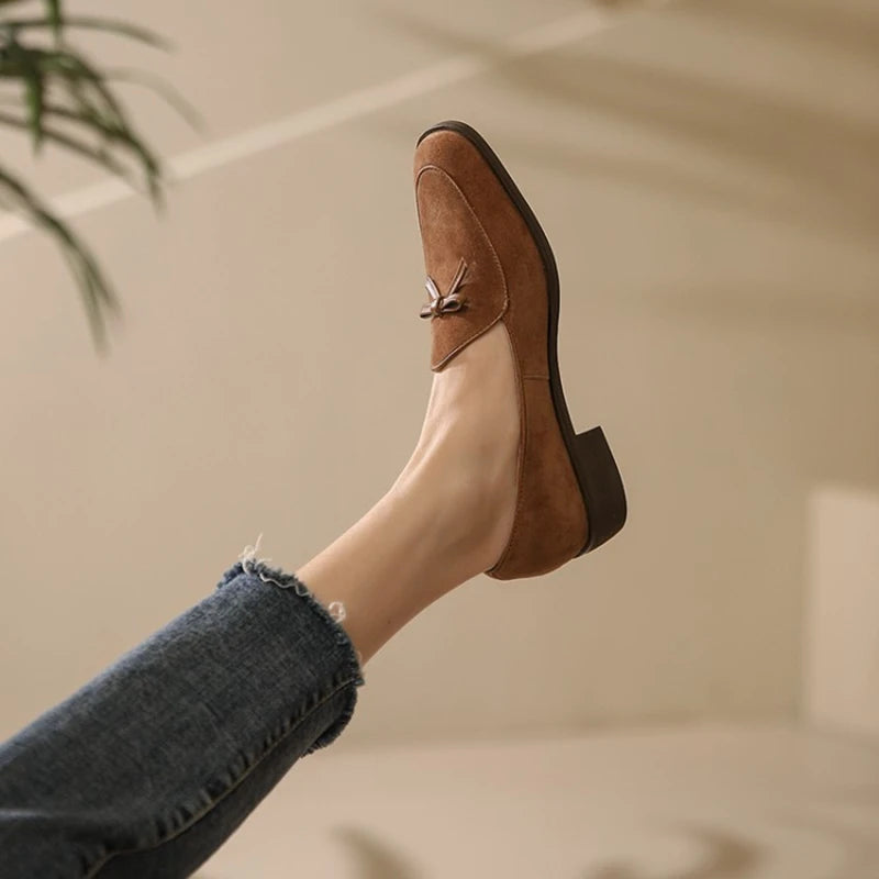 Autumn Women Loafers Genuine Leather Shoes for Women Round Toe Chunky Heel Shoes Casual Bow-knot Low Heel Women Pumps
