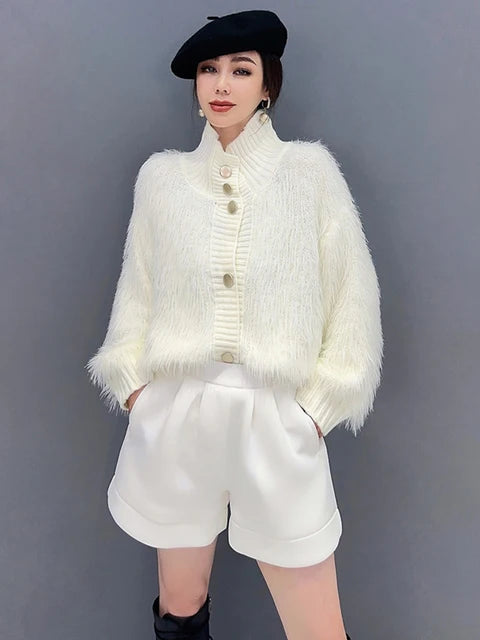 Design Sweater For Women Autumn New Turtleneck Single Breasted Solid Color Versatile Knit Cardigan
