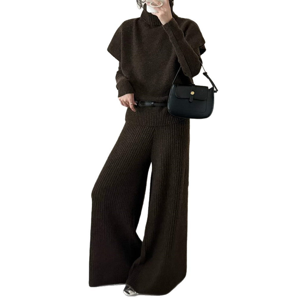 High neck sleeveless sweater, long sleeved base shirt, wide leg pants, three piece set